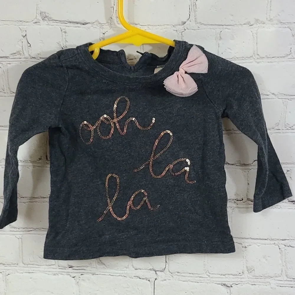 OshKosh Baby Girl Ooh La La Sequins Long Sleeve Tee Gray Cotton T-Shirt Pink Bow
